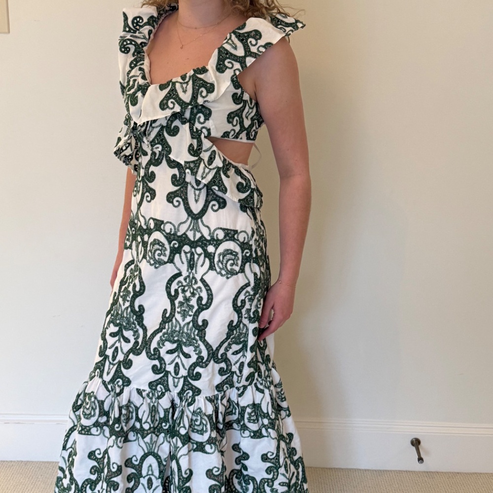 Women's Ocala Green Embroidered Ruffle Trim Cut Out Bodycon Maxi Dress XS
